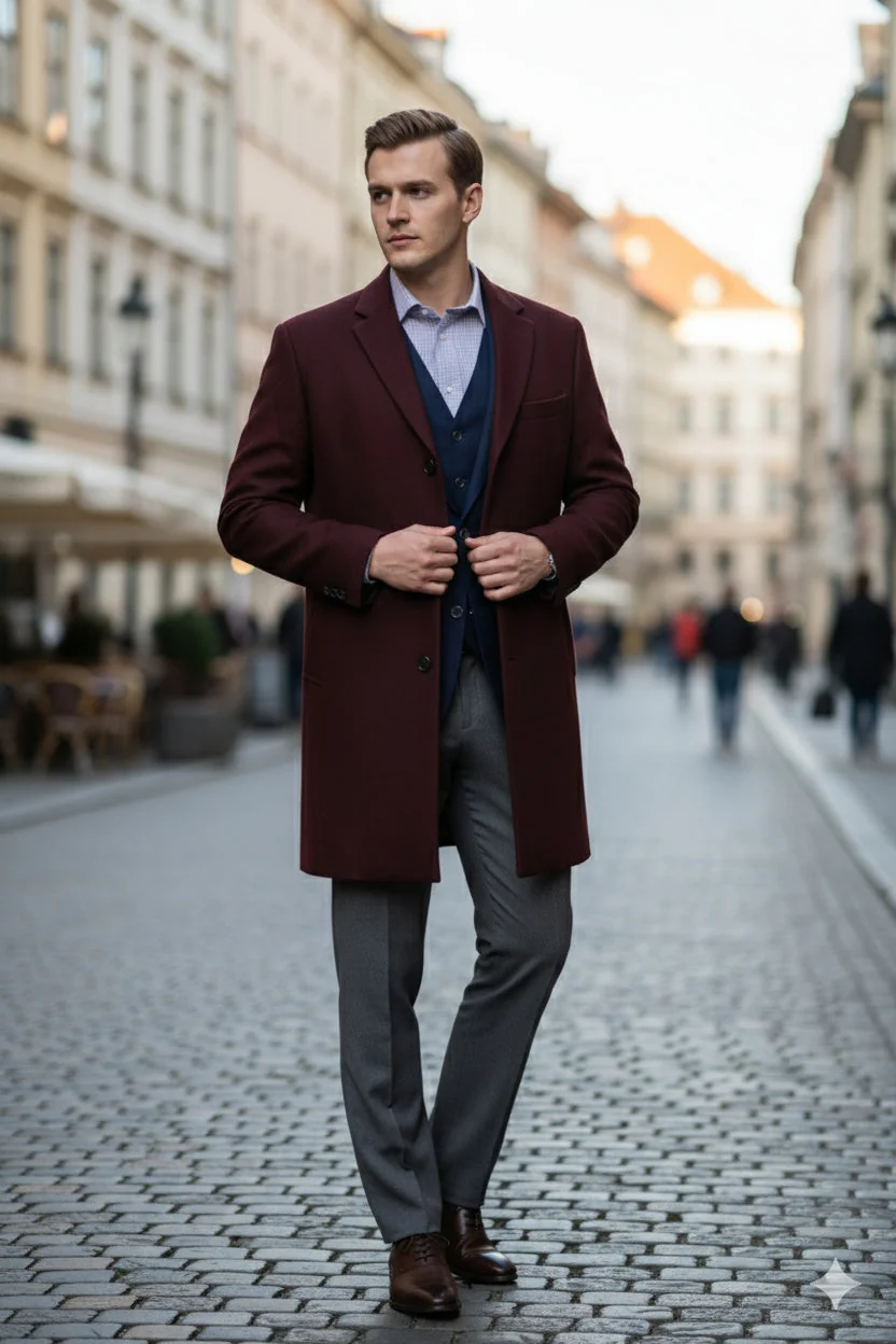 Men’s Burgundy Wool and Cashmere Car Coat – Classic Winter Topcoat for Business and Formal Wear - Image 5