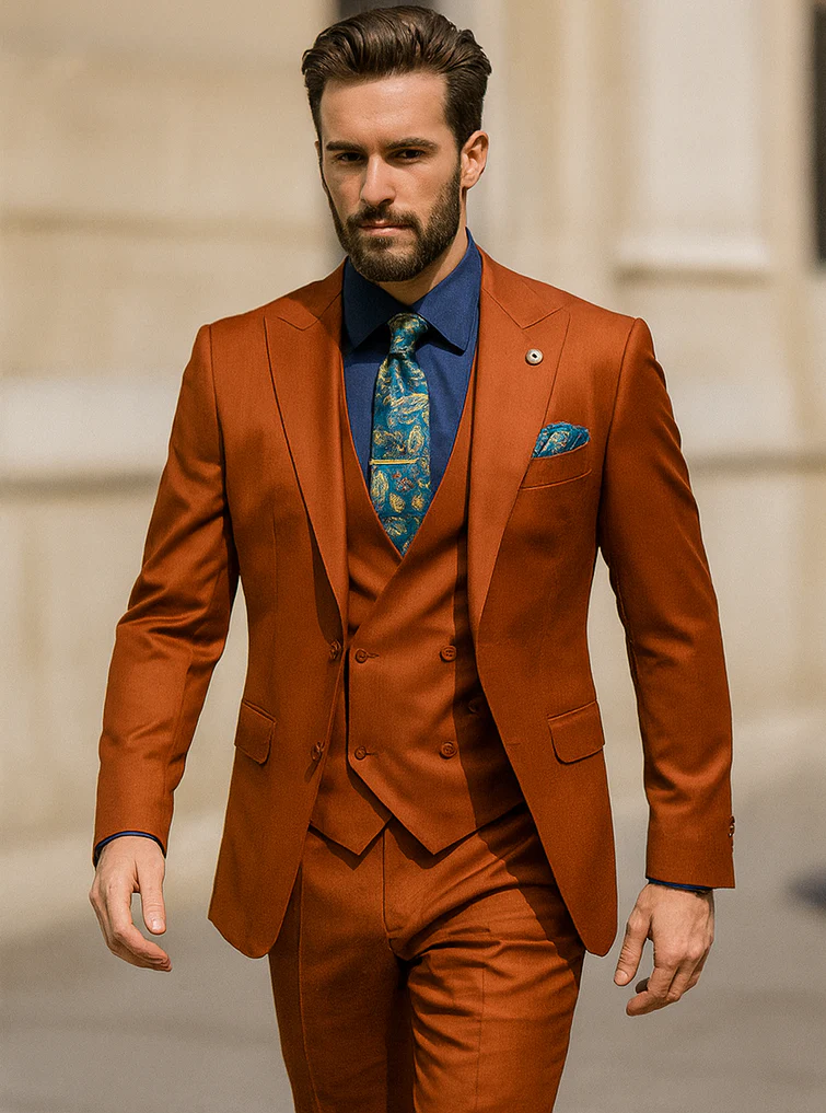 Men’s Burnt Orange 3-Piece Suit with Vest – Stylish Formal Wear