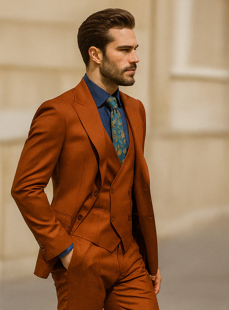 Men’s Burnt Orange 3-Piece Suit with Vest – Stylish Formal Wear - Image 3