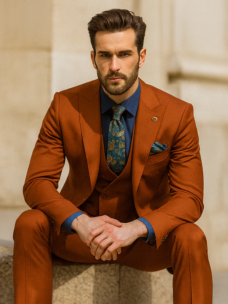 Men’s Burnt Orange 3-Piece Suit with Vest – Stylish Formal Wear - Image 4