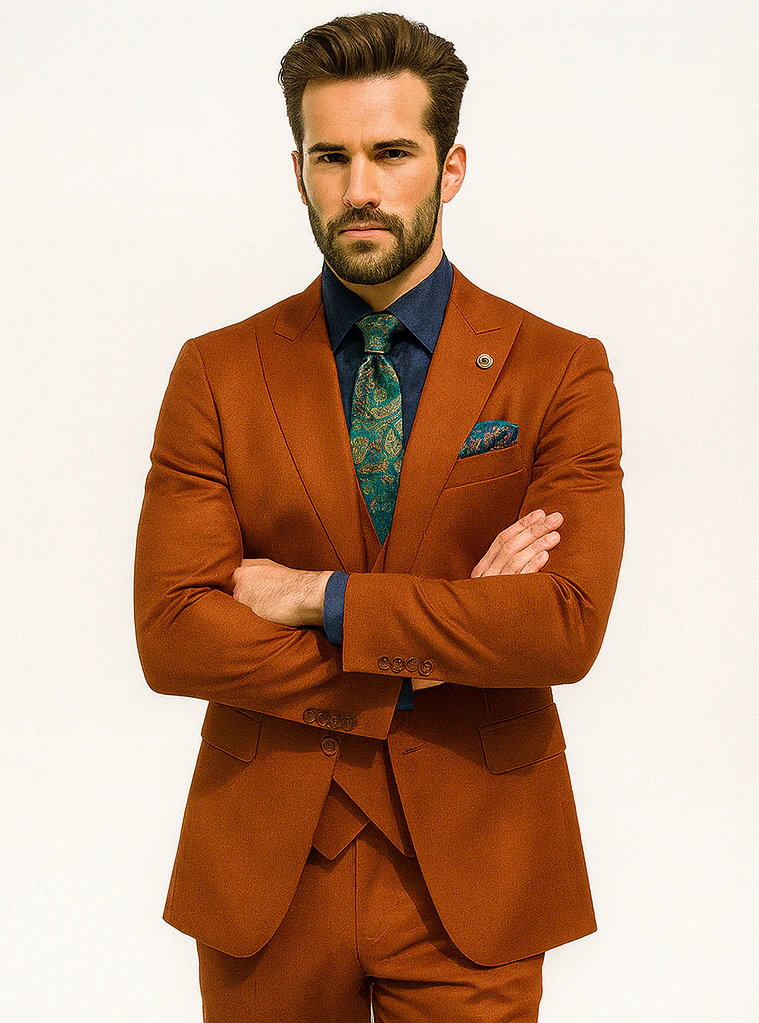 Men’s Burnt Orange 3-Piece Suit with Vest – Stylish Formal Wear - Image 5