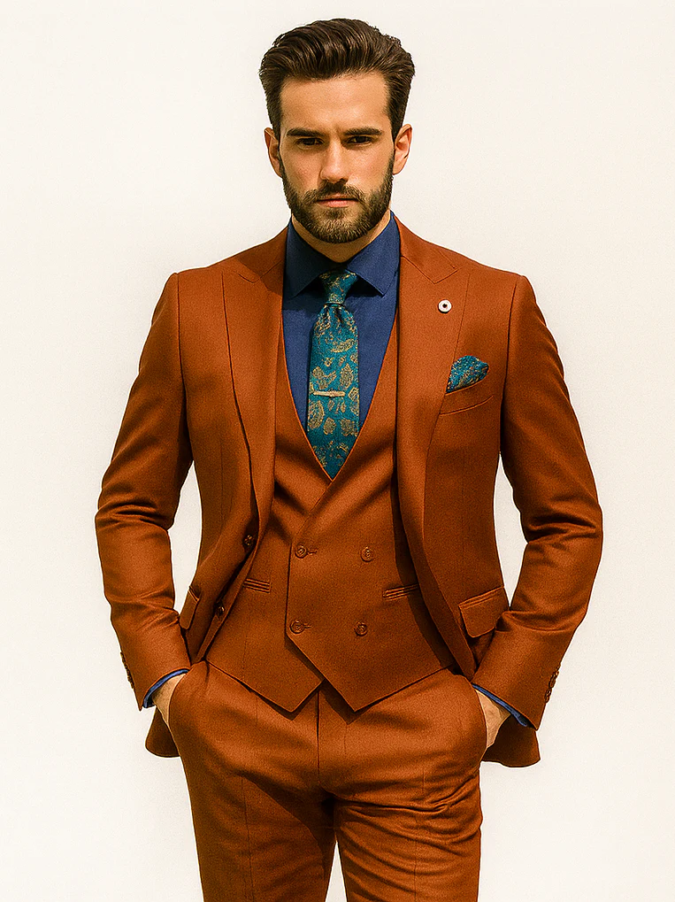 Men’s Burnt Orange 3-Piece Suit with Vest – Stylish Formal Wear - Image 7