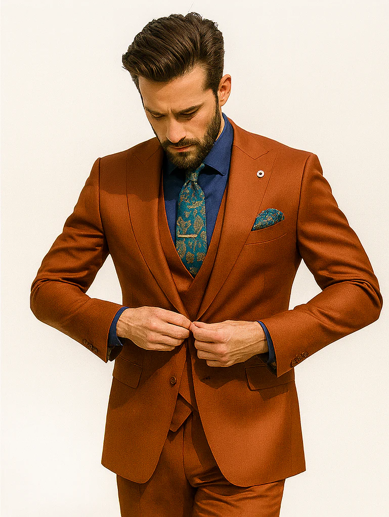 Men’s Burnt Orange 3-Piece Suit with Vest – Stylish Formal Wear - Image 8