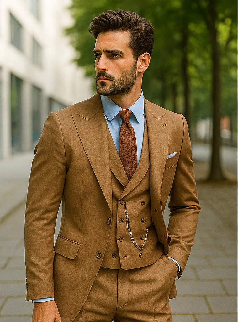 Men’s Camel Brown 3-Piece Suit with Vest and Chain – Formal Wear - Image 3
