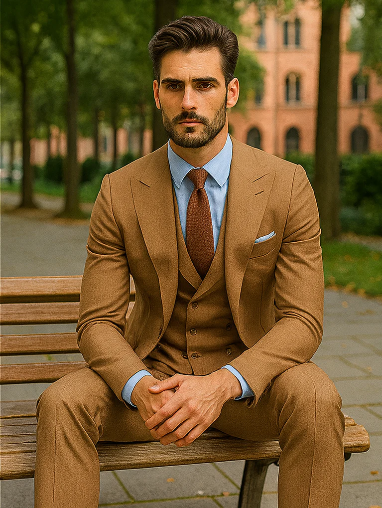 Men’s Camel Brown 3-Piece Suit with Vest and Chain – Formal Wear - Image 4