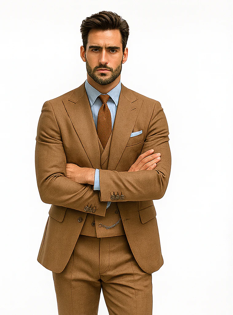 Men’s Camel Brown 3-Piece Suit with Vest and Chain – Formal Wear - Image 5