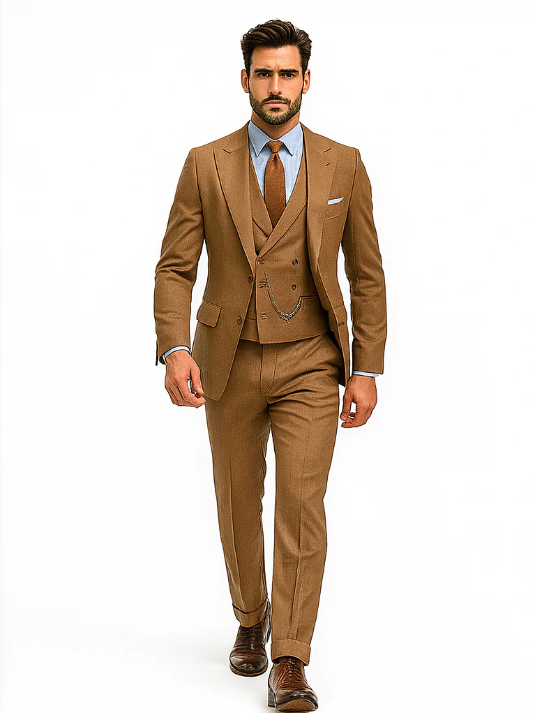 Men’s Camel Brown 3-Piece Suit with Vest and Chain – Formal Wear - Image 6