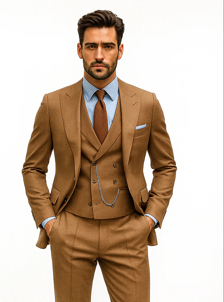 Men’s Camel Brown 3-Piece Suit with Vest and Chain – Formal Wear - Image 7