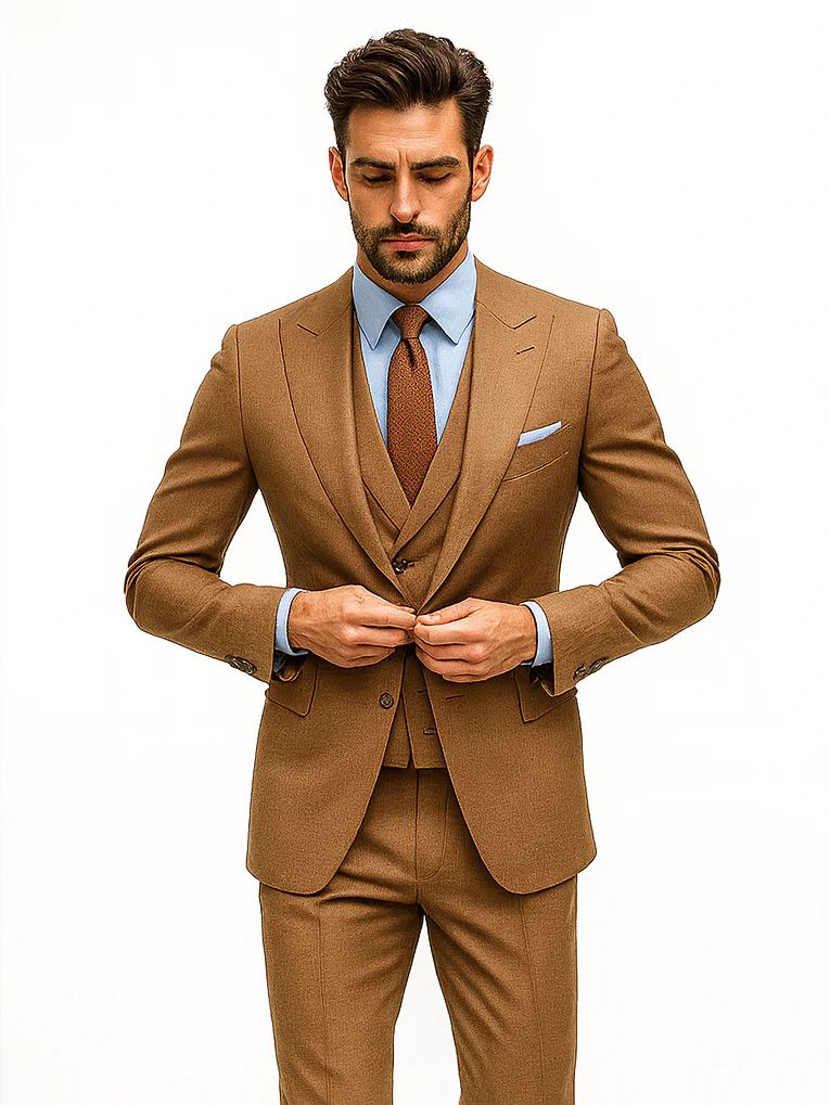 Men’s Camel Brown 3-Piece Suit with Vest and Chain – Formal Wear - Image 8