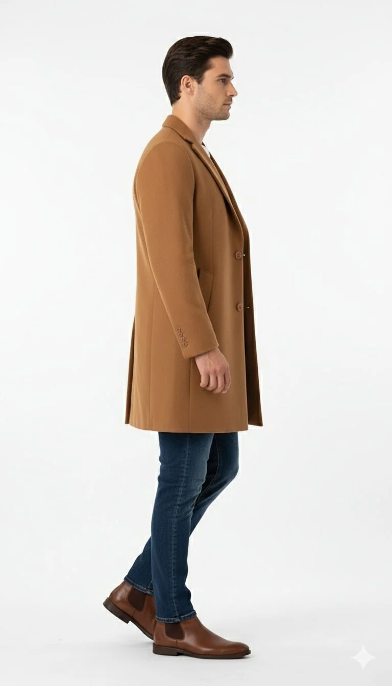 Men’s Camel Brown Wool Top Coat – Classic Long Overcoat for Formal and Casual Wear in rust copper - Image 3