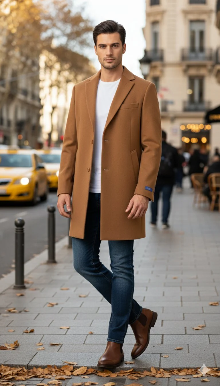 Men’s Camel Brown Wool Top Coat – Classic Long Overcoat for Formal and Casual Wear in rust copper - Image 5