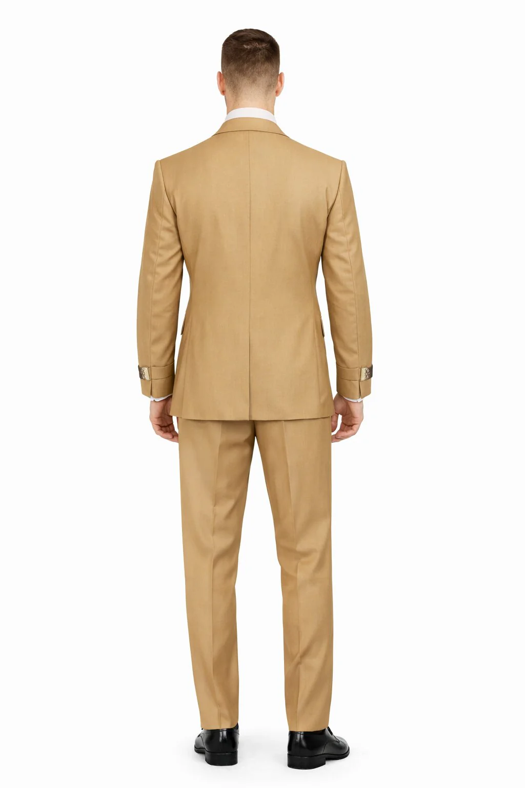 Men’s Camel Double Breasted Wool Suit with Metal Buckle Closure - Image 2