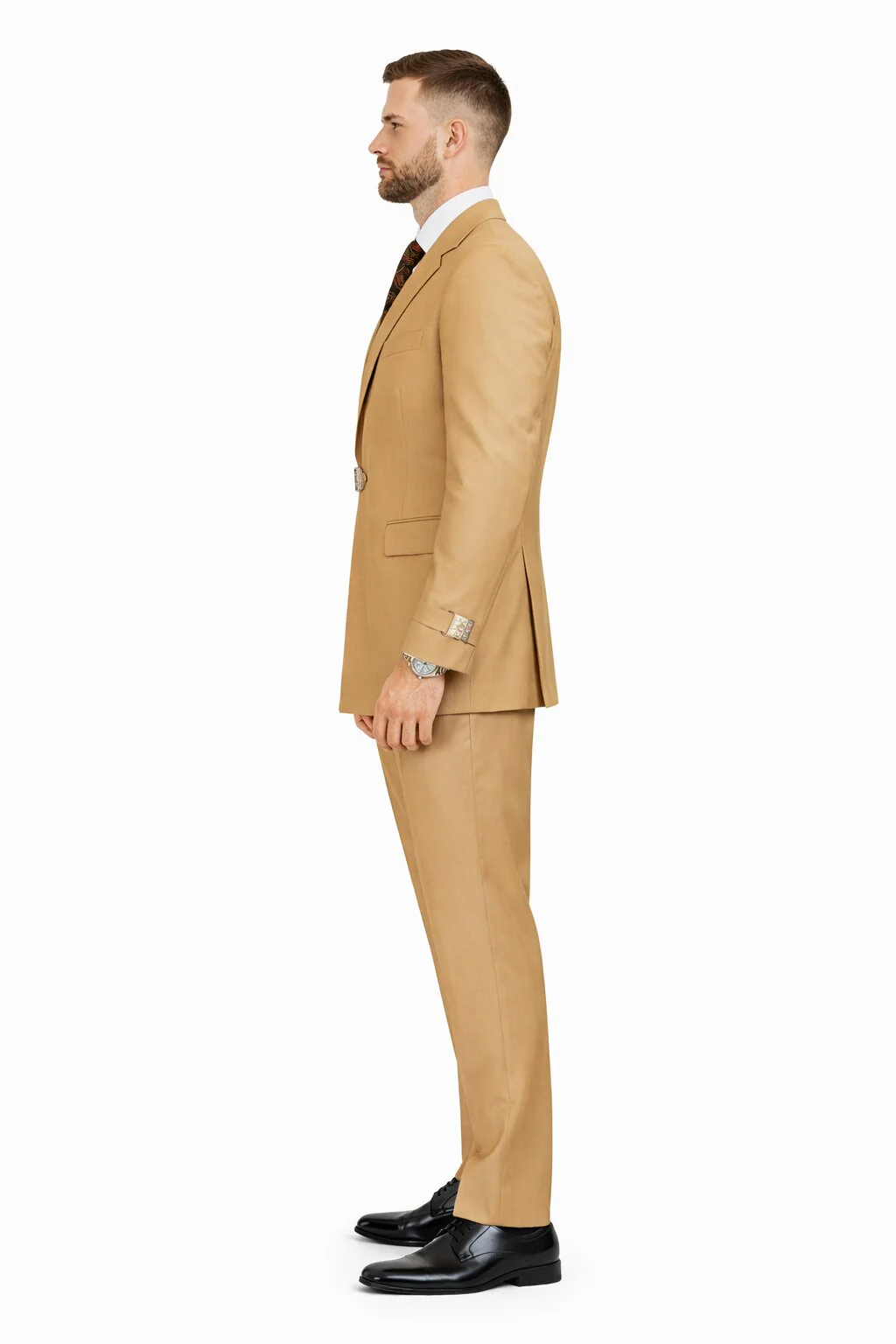 Men’s Camel Double Breasted Wool Suit with Metal Buckle Closure - Image 3