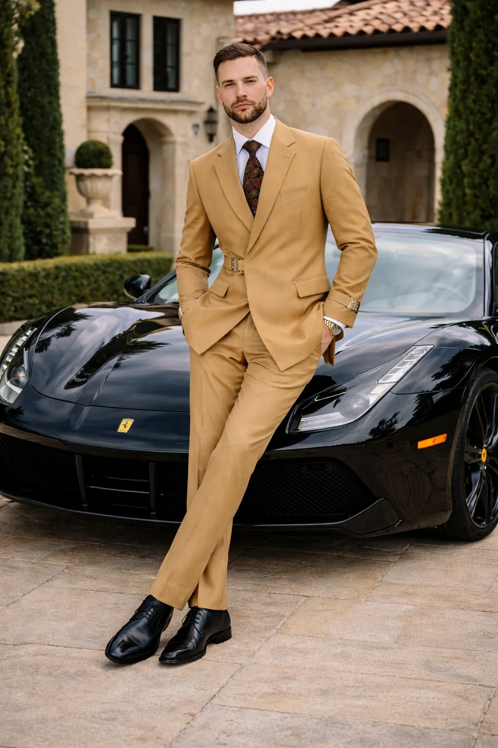 Men’s Camel Double Breasted Wool Suit with Metal Buckle Closure - Image 7