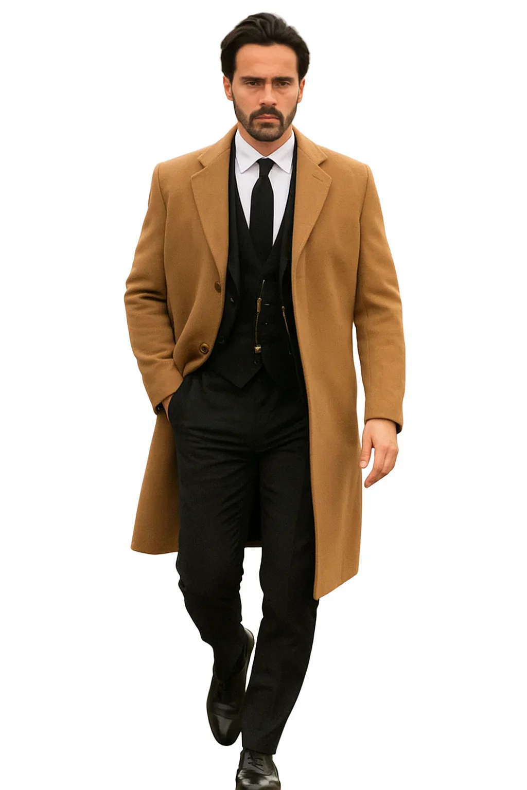 Men’s Camel Overcoat – Classic Single Breasted Wool Long Coat with Peak Lapel - Image 7