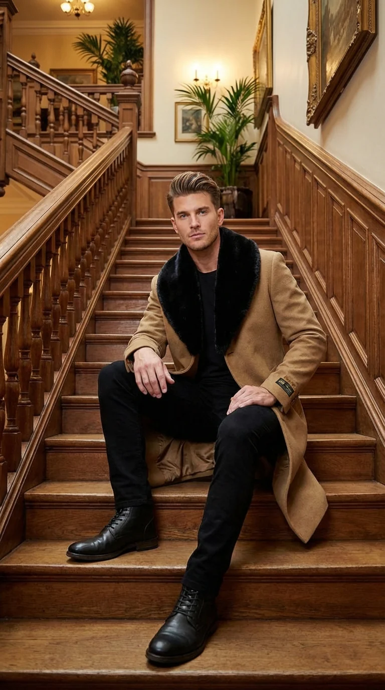 Men’s Camel Tan Long Overcoat with Black Faux Fur Collar - Wool Topcoat Three if not Full length - Image 10