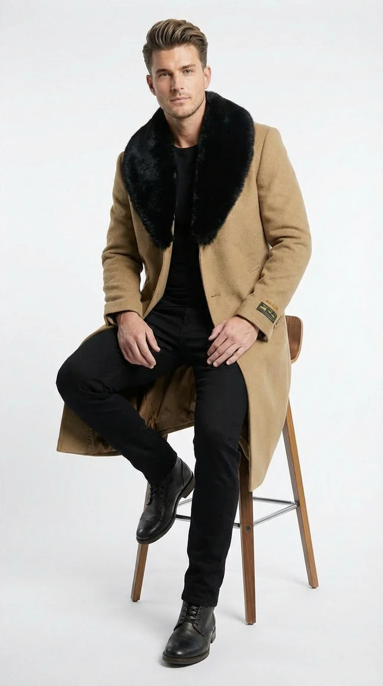 Men’s Camel Tan Long Overcoat with Black Faux Fur Collar - Wool Topcoat Three if not Full length - Image 2