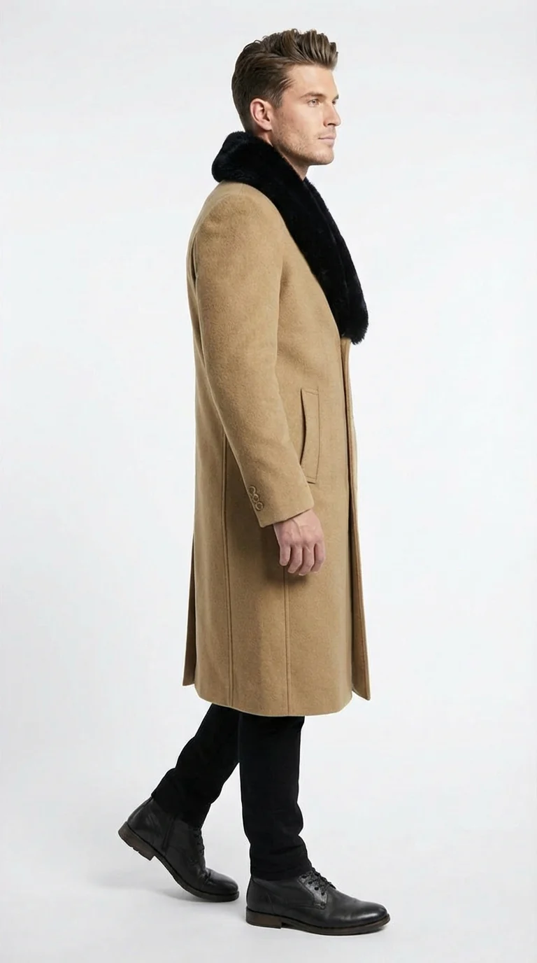 Men’s Camel Tan Long Overcoat with Black Faux Fur Collar - Wool Topcoat Three if not Full length - Image 3