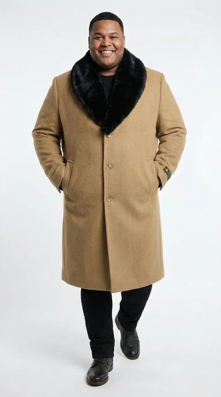 Men’s Camel Tan Long Overcoat with Black Faux Fur Collar - Wool Topcoat Three if not Full length - Image 4