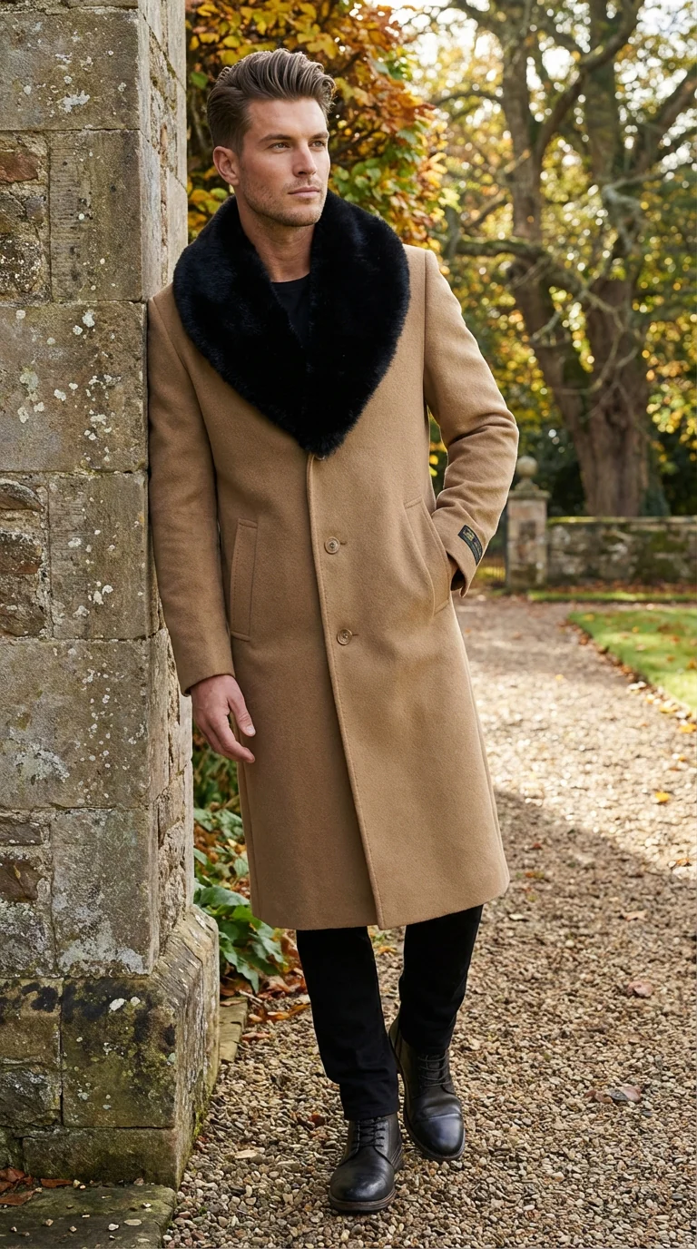 Men’s Camel Tan Long Overcoat with Black Faux Fur Collar - Wool Topcoat Three if not Full length - Image 6