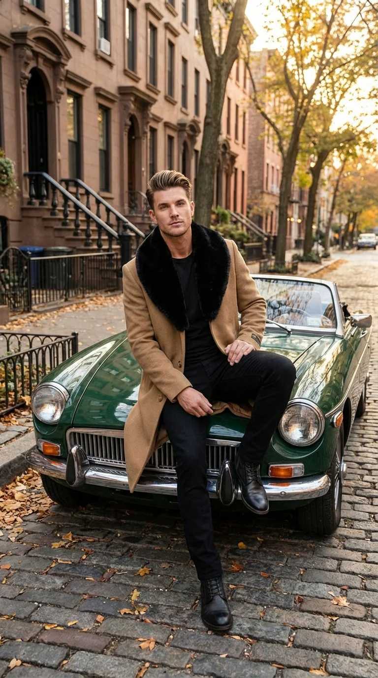 Men’s Camel Tan Long Overcoat with Black Faux Fur Collar - Wool Topcoat Three if not Full length - Image 8