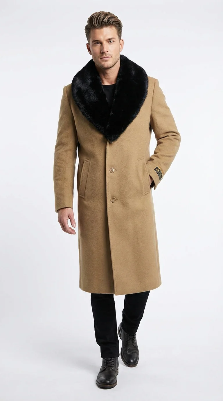 Men’s Camel Tan Long Overcoat with Black Faux Fur Collar - Wool Topcoat Three if not Full length - Image 9