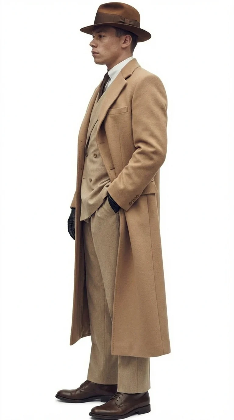 Men’s Cashmere & Wool Camel Beige Long Overcoat – Peaky Blinders Style Vintage Formal Coat + Suit + Hat Package - Image 3