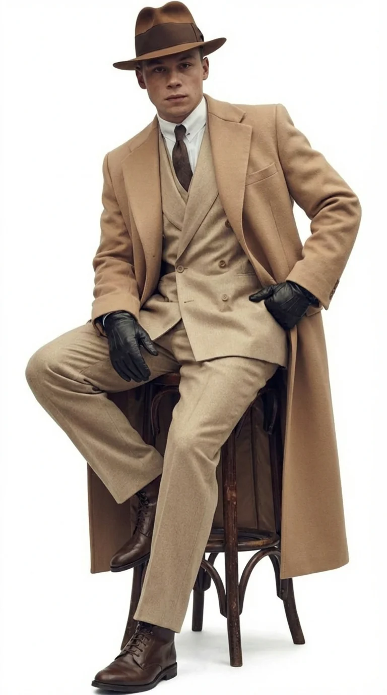 Men’s Cashmere & Wool Camel Beige Long Overcoat – Peaky Blinders Style Vintage Formal Coat + Suit + Hat Package - Image 4
