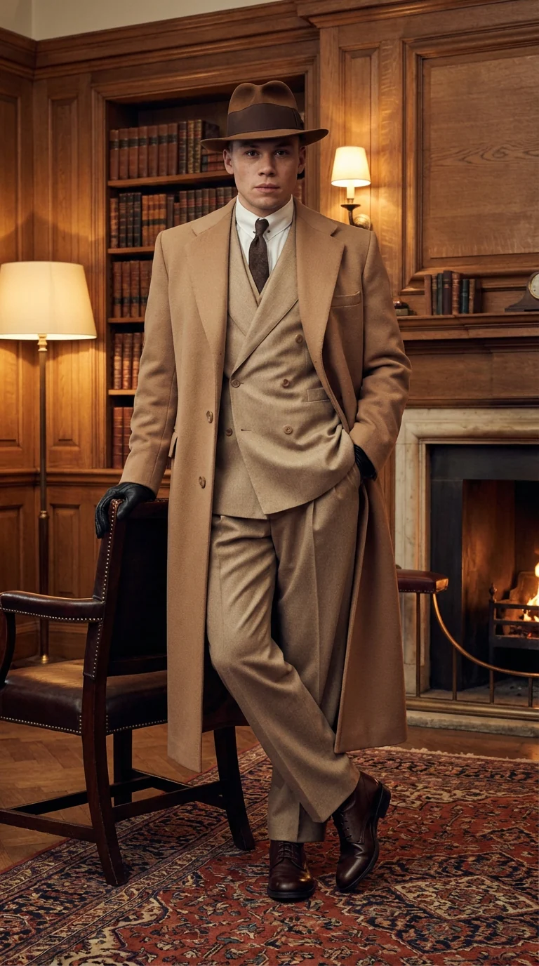 Men’s Cashmere & Wool Camel Beige Long Overcoat – Peaky Blinders Style Vintage Formal Coat + Suit + Hat Package - Image 5
