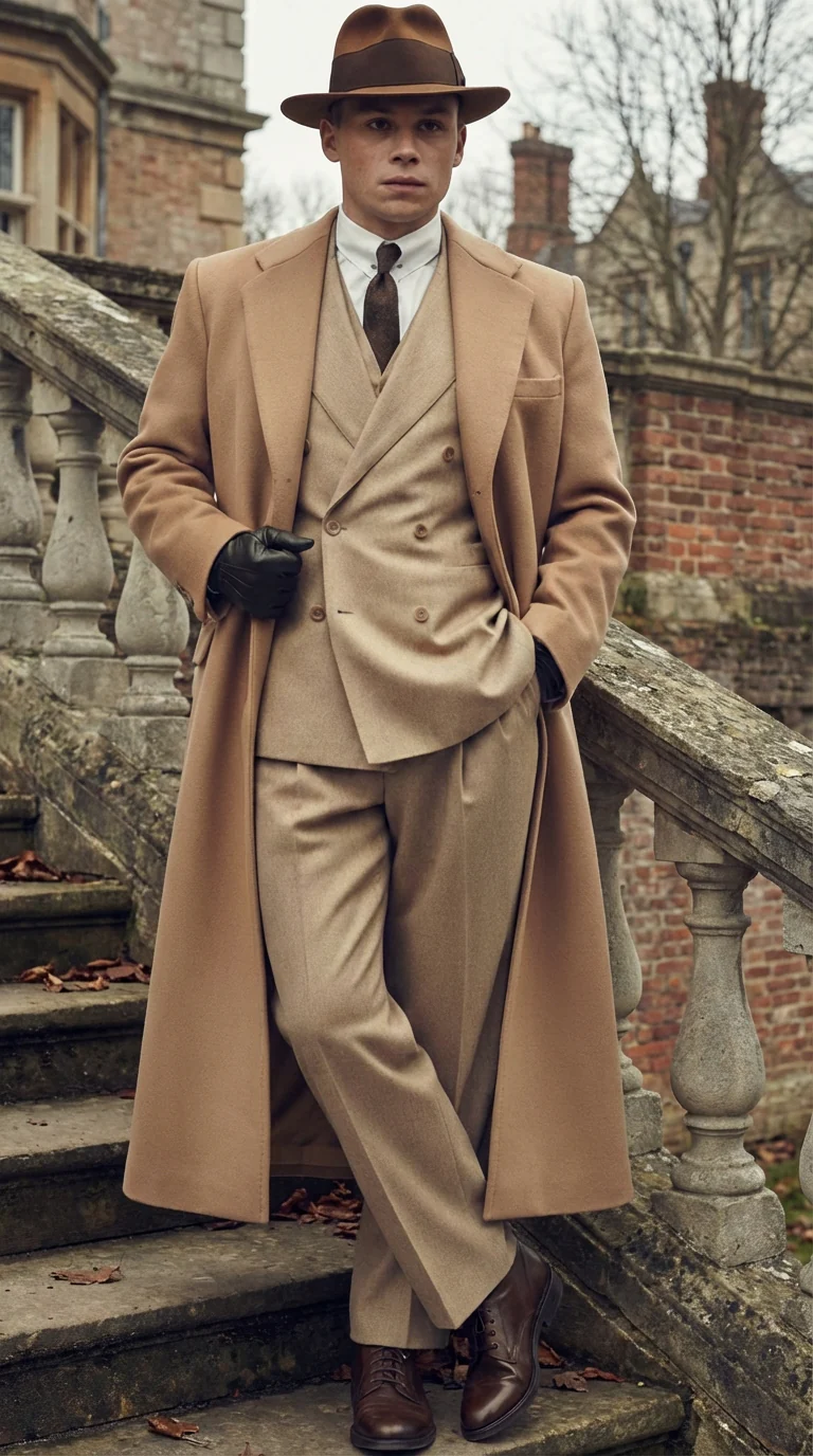 Men’s Cashmere & Wool Camel Beige Long Overcoat – Peaky Blinders Style Vintage Formal Coat + Suit + Hat Package - Image 6