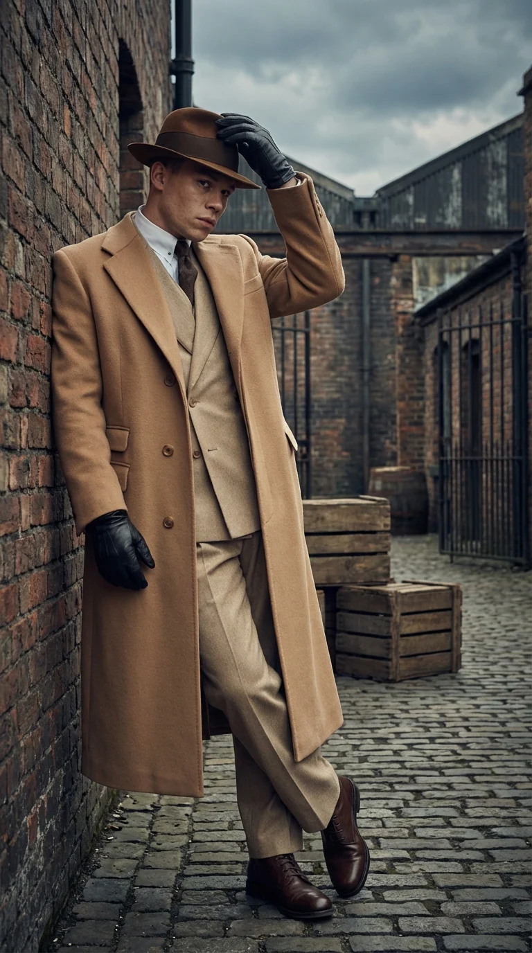 Men’s Cashmere & Wool Camel Beige Long Overcoat – Peaky Blinders Style Vintage Formal Coat + Suit + Hat Package - Image 8