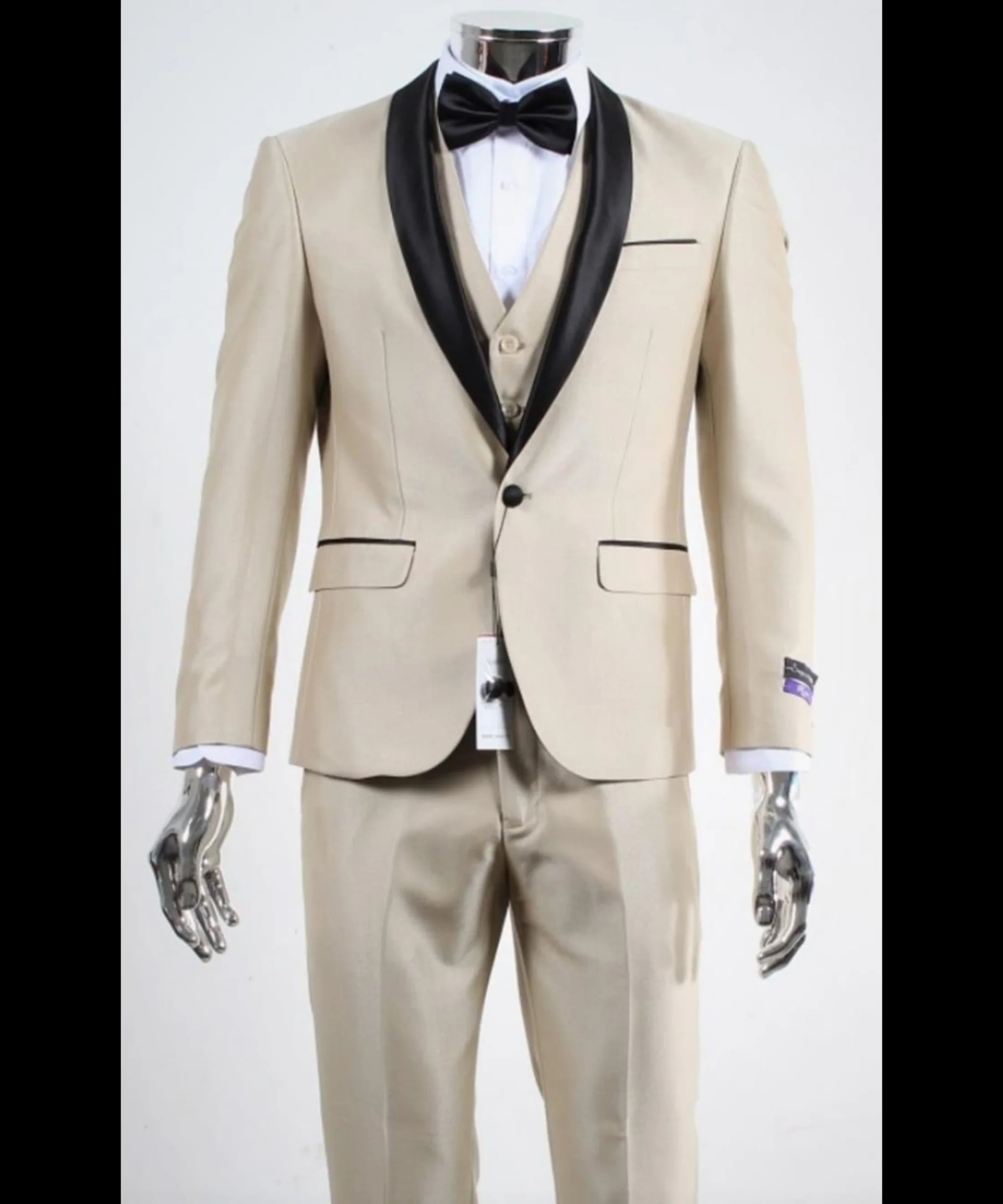 Men’s Champagne Beige Shiny Tuxedo 3 Piece Suit with Black Shawl Lapel | Formal Wedding Prom Suit Set in Sand Light Tan Color - Image 11