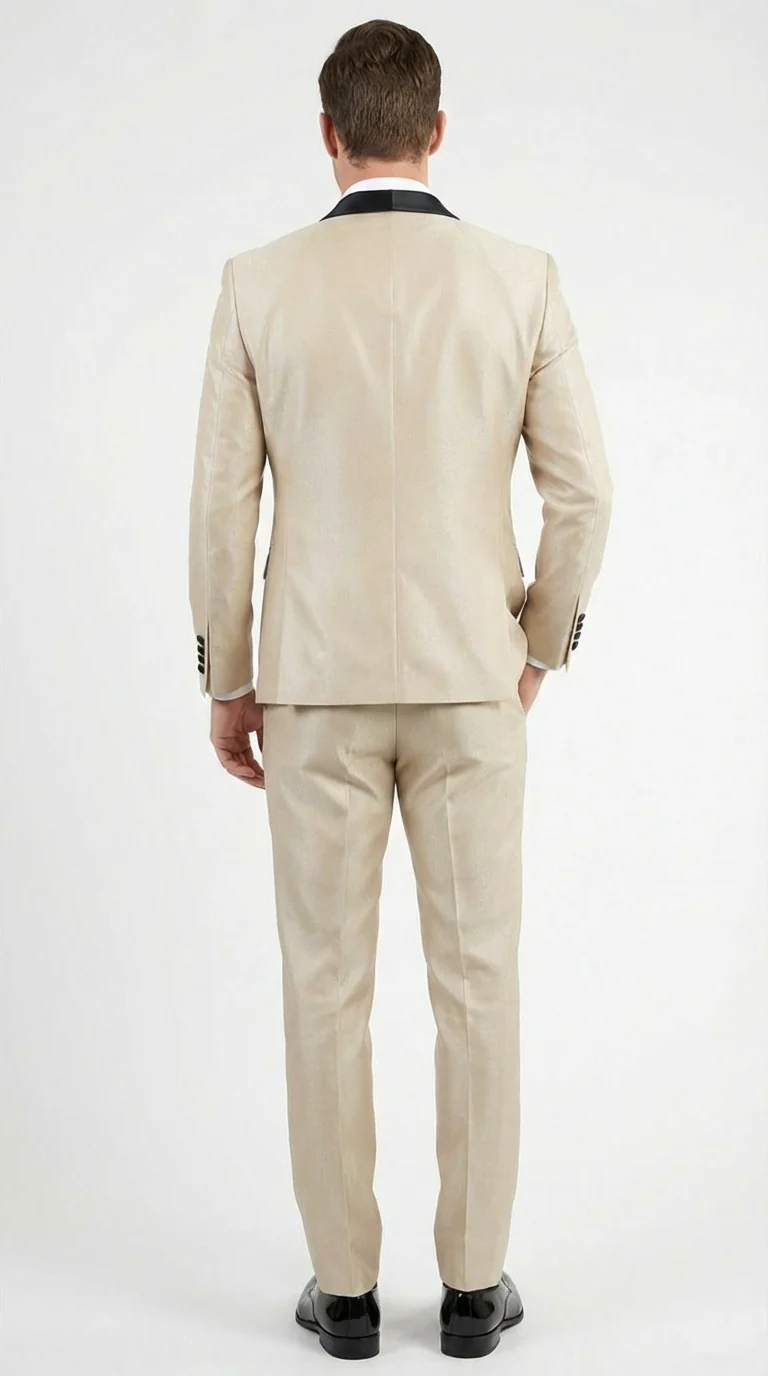 Men’s Champagne Beige Shiny Tuxedo 3 Piece Suit with Black Shawl Lapel | Formal Wedding Prom Suit Set in Sand Light Tan Color - Image 2