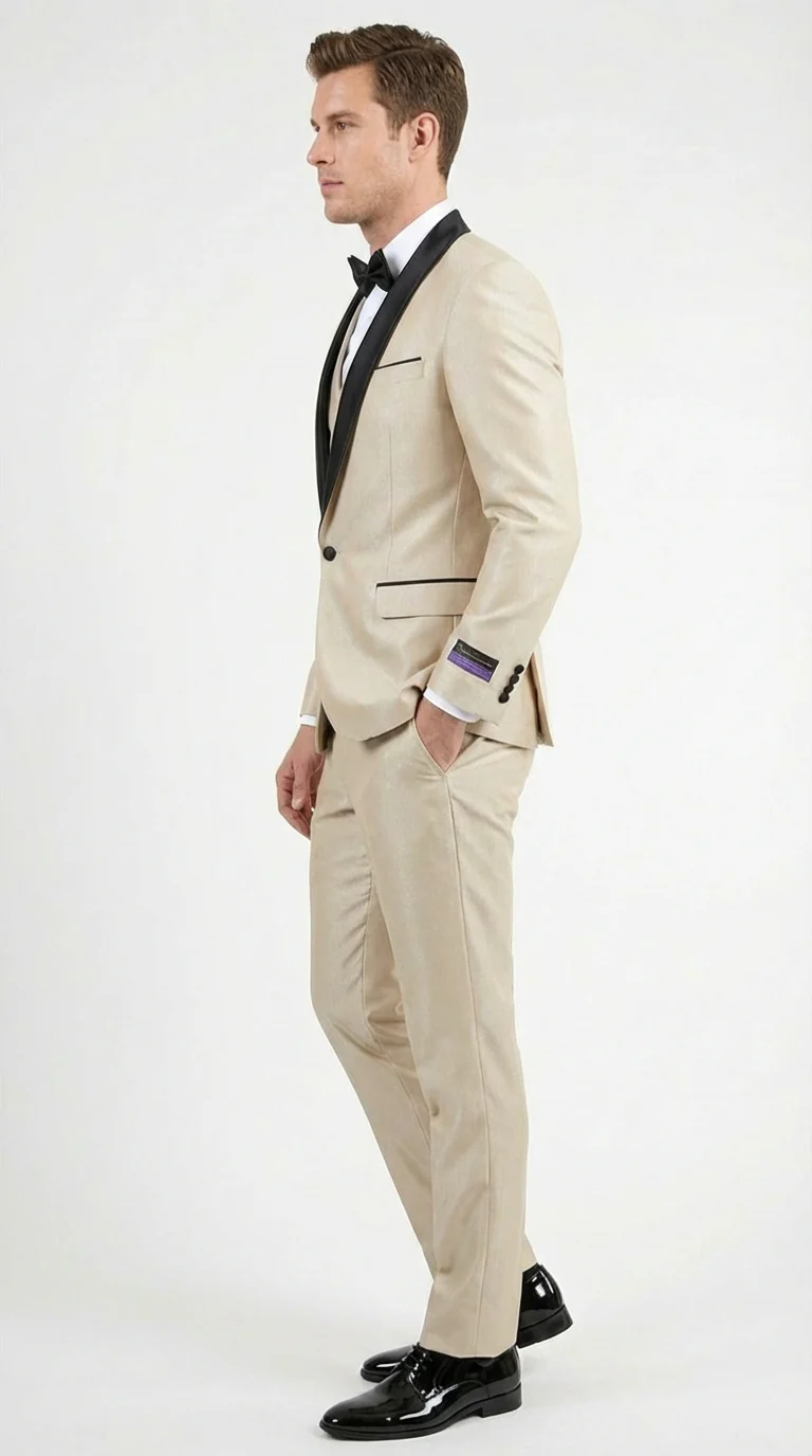 Men’s Champagne Beige Shiny Tuxedo 3 Piece Suit with Black Shawl Lapel | Formal Wedding Prom Suit Set in Sand Light Tan Color - Image 3