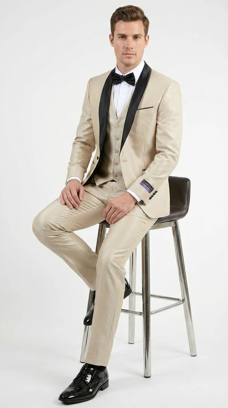 Men’s Champagne Beige Shiny Tuxedo 3 Piece Suit with Black Shawl Lapel | Formal Wedding Prom Suit Set in Sand Light Tan Color - Image 4