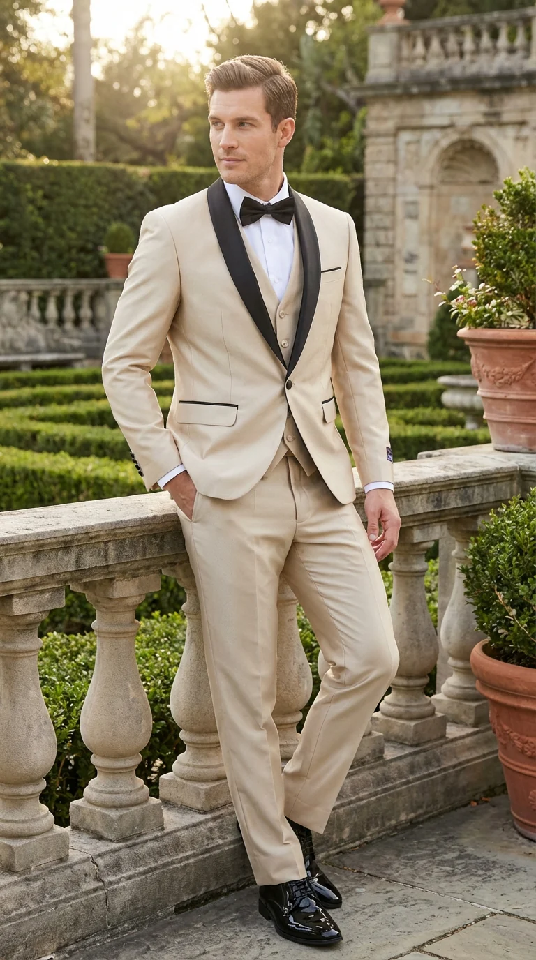 Men’s Champagne Beige Shiny Tuxedo 3 Piece Suit with Black Shawl Lapel | Formal Wedding Prom Suit Set in Sand Light Tan Color - Image 5