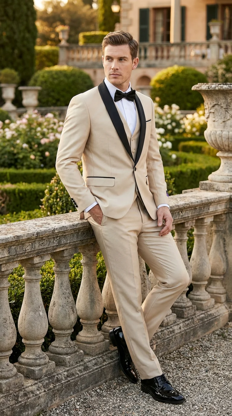 Men’s Champagne Beige Shiny Tuxedo 3 Piece Suit with Black Shawl Lapel | Formal Wedding Prom Suit Set in Sand Light Tan Color - Image 6