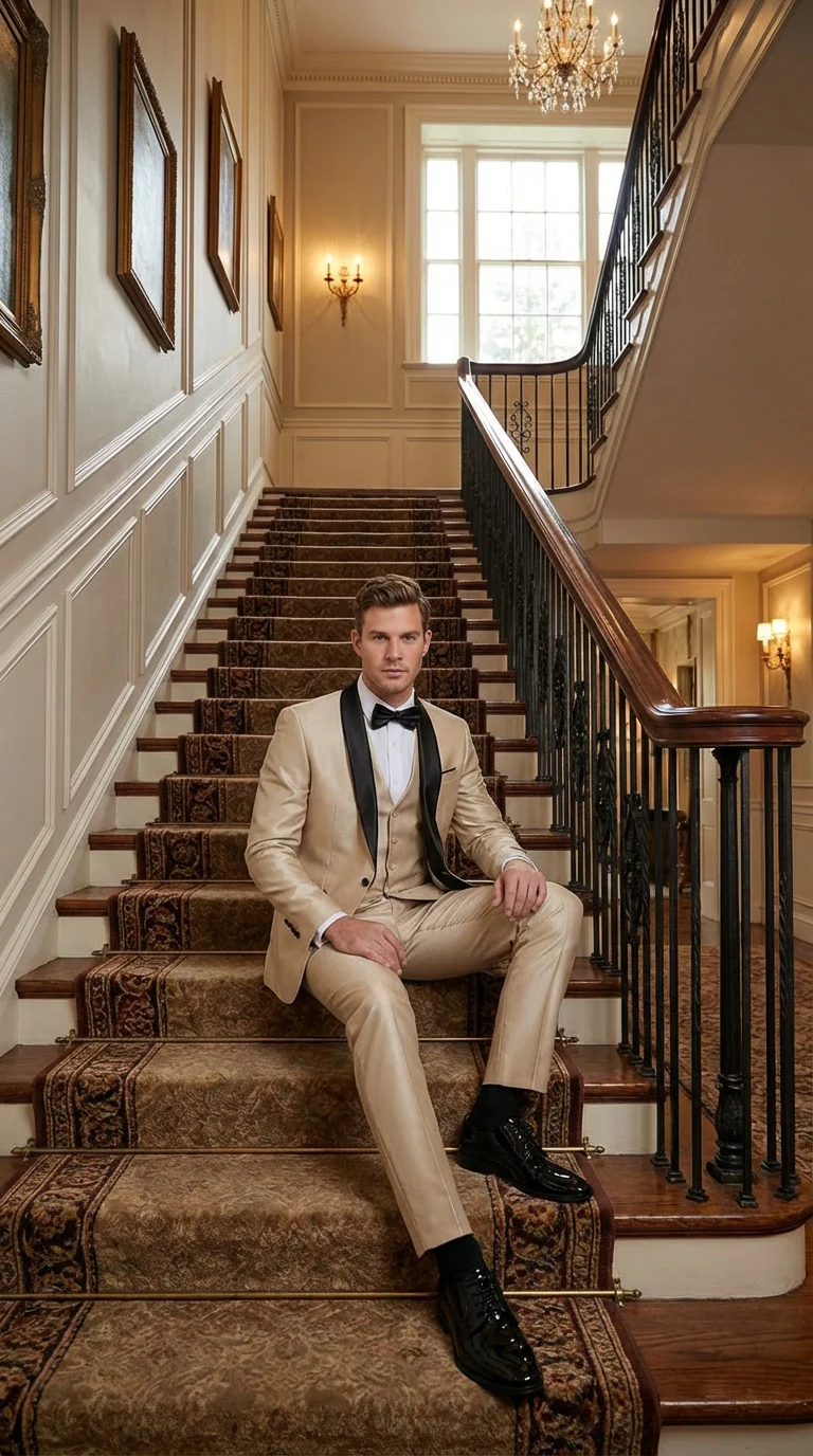 Men’s Champagne Beige Shiny Tuxedo 3 Piece Suit with Black Shawl Lapel | Formal Wedding Prom Suit Set in Sand Light Tan Color - Image 7
