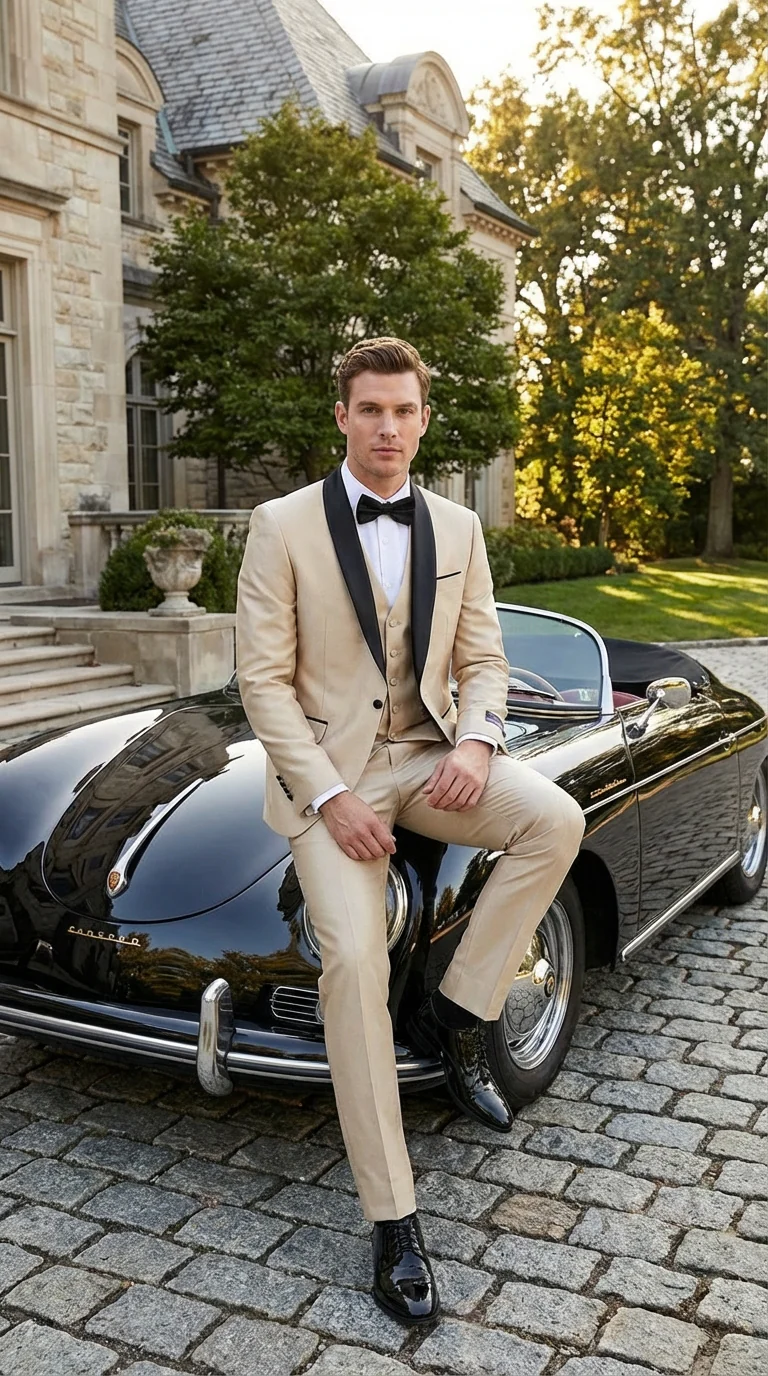 Men’s Champagne Beige Shiny Tuxedo 3 Piece Suit with Black Shawl Lapel | Formal Wedding Prom Suit Set in Sand Light Tan Color - Image 8