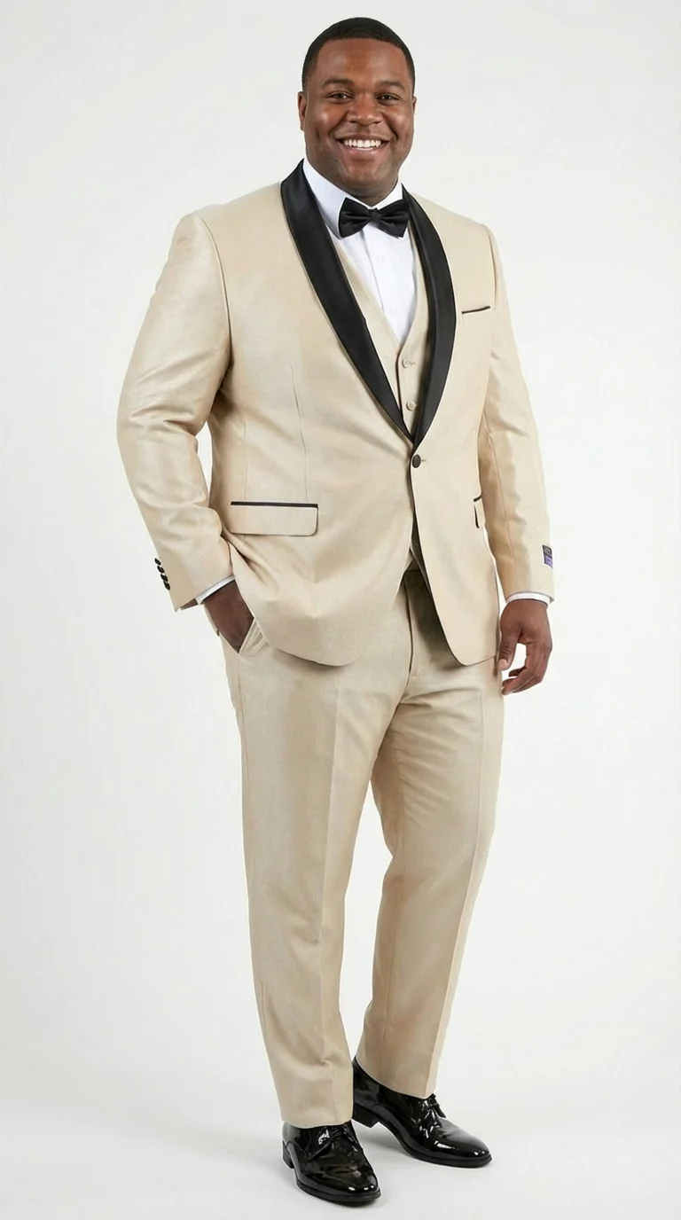 Men’s Champagne Beige Shiny Tuxedo 3 Piece Suit with Black Shawl Lapel | Formal Wedding Prom Suit Set in Sand Light Tan Color - Image 9