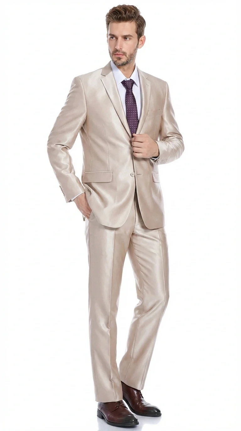 Men’s Champagne Tan Sharkskin 2 Button Suit – Shiny Formal Suit with Optional Vest for Wedding, Prom, Business Beige Color - Image 2