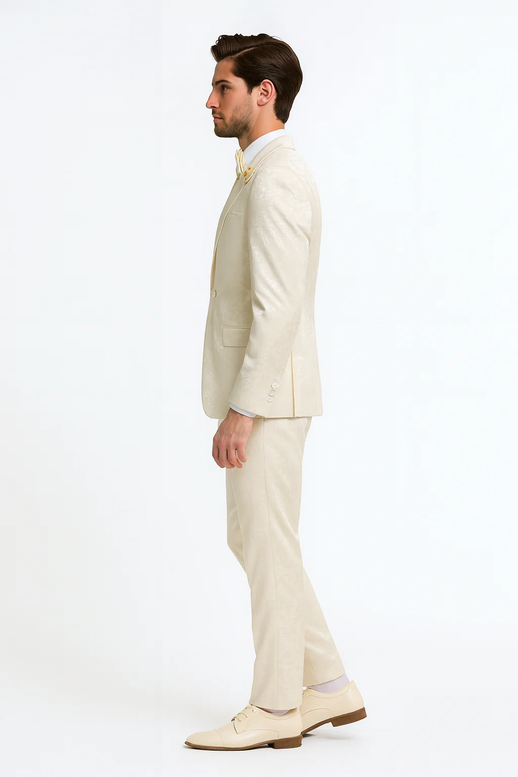 Men’s Champaign Ivory  Jacquard Paisley Tuxedo Suit with Satin Shawl Lapel – Elegant Wedding and Prom Outfit By Rossiman - Image 4