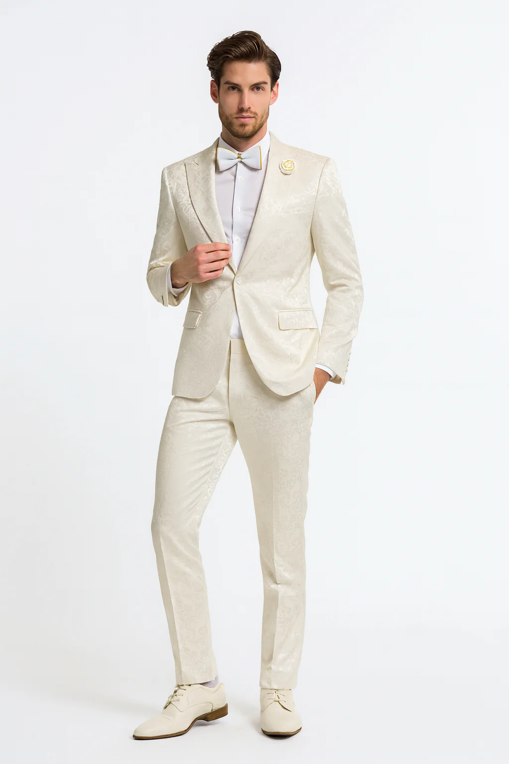 Men’s Champaign Ivory  Jacquard Paisley Tuxedo Suit with Satin Shawl Lapel – Elegant Wedding and Prom Outfit By Rossiman - Image 5