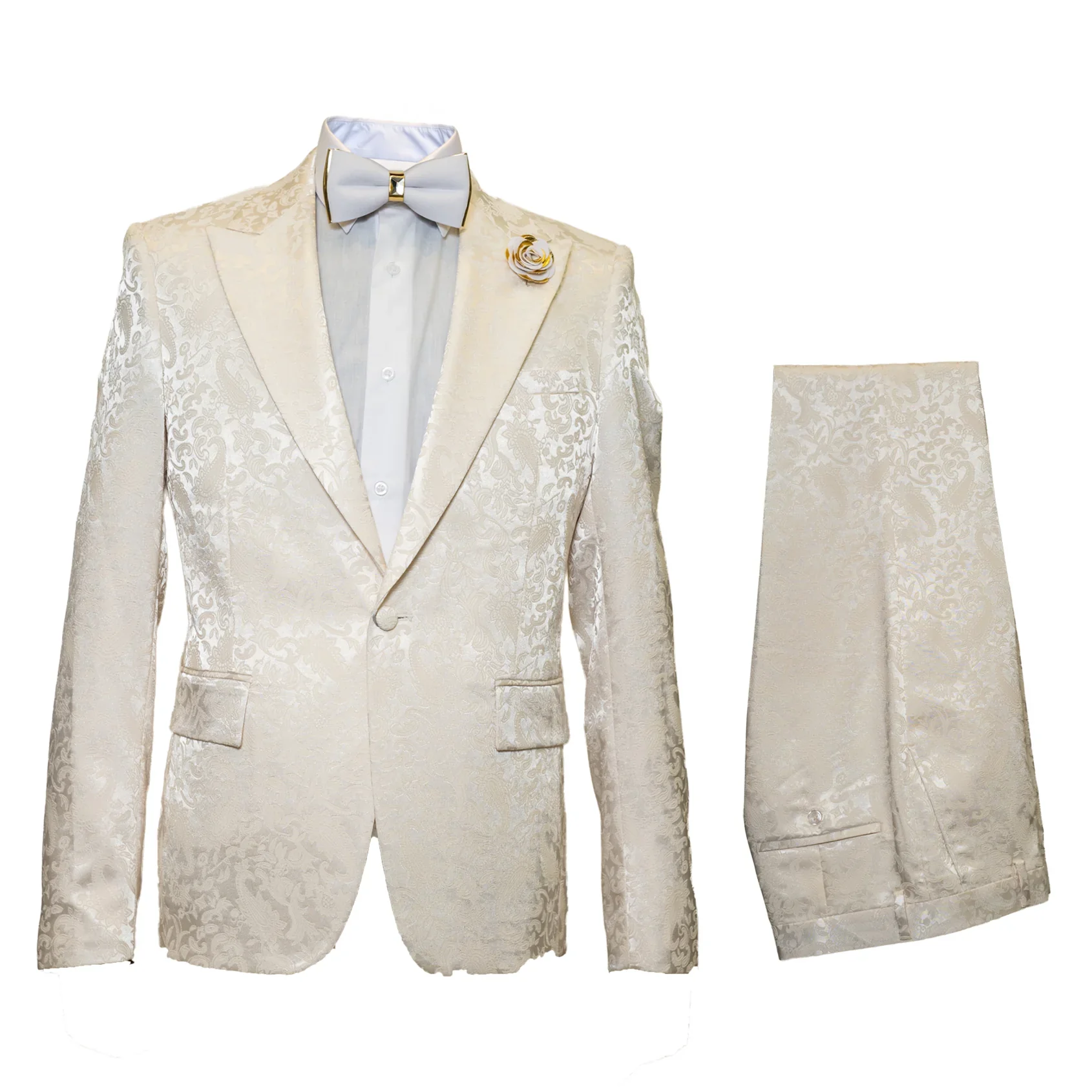 Men’s Champaign Ivory  Jacquard Paisley Tuxedo Suit with Satin Shawl Lapel – Elegant Wedding and Prom Outfit By Rossiman - Image 6
