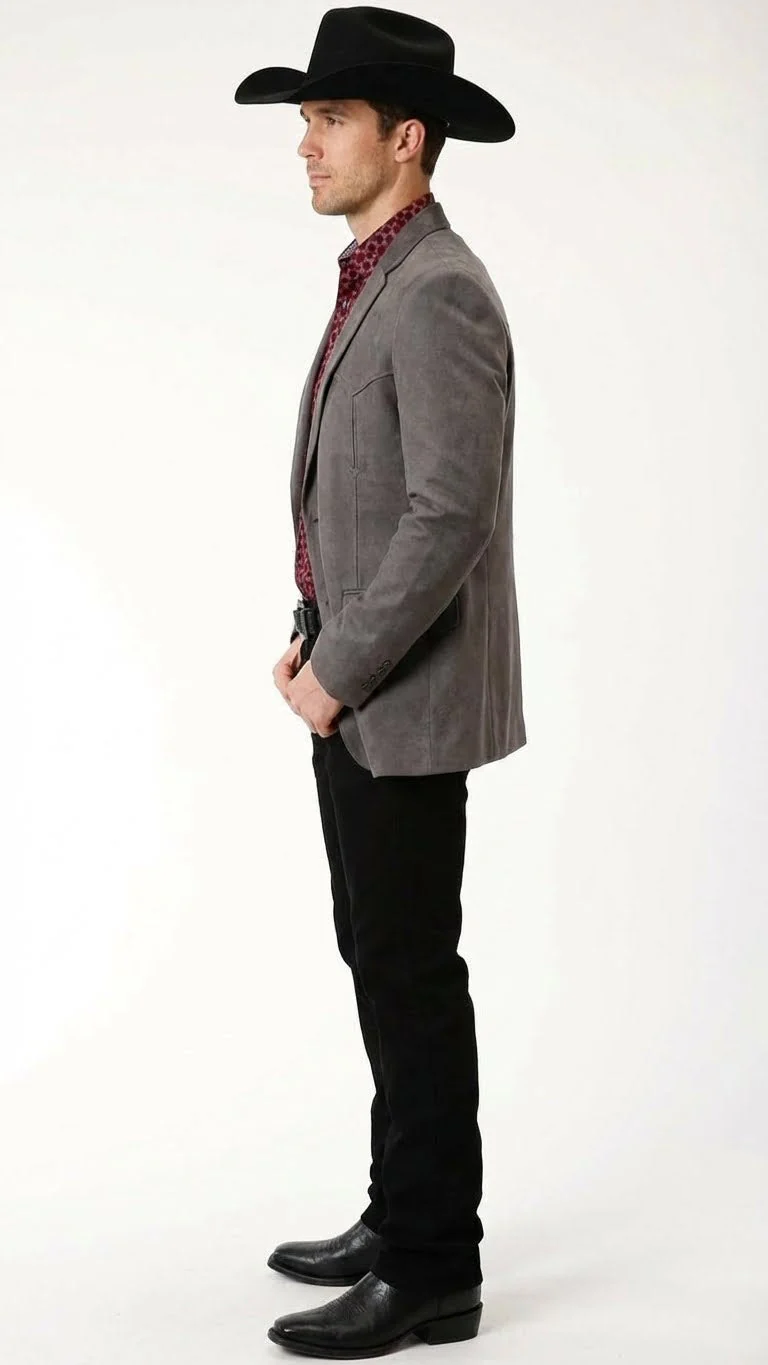 Men’s Charcoal Gray Western Faux Suede Blazer – Double Button Cowboy Jacket for Wedding & Party Wear - Image 3