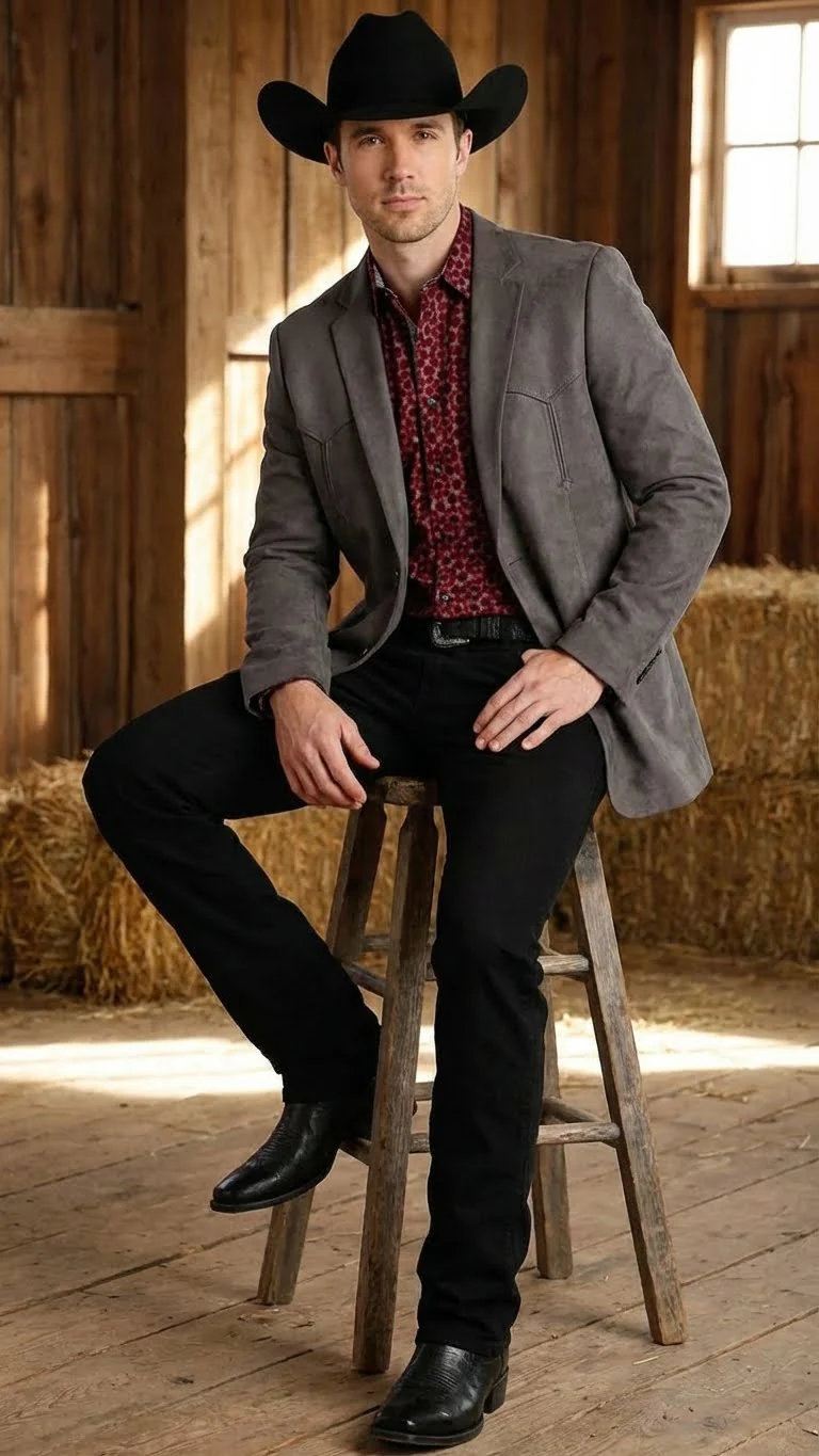 Men’s Charcoal Gray Western Faux Suede Blazer – Double Button Cowboy Jacket for Wedding & Party Wear - Image 4