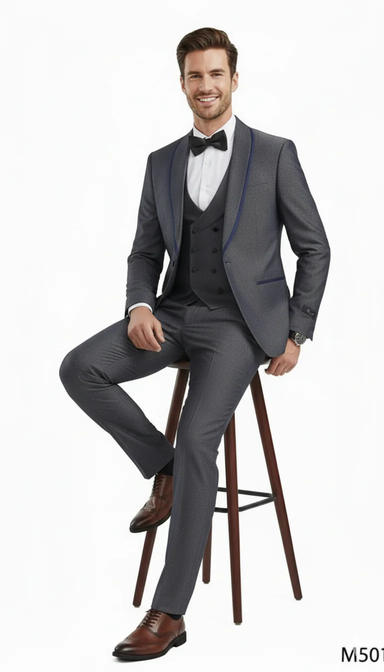 Men’s Charcoal Gray with blue Trim Slim Fit 3-Piece Suit – Modern Wedding and Business Formal Tuxedo Set - Image 3