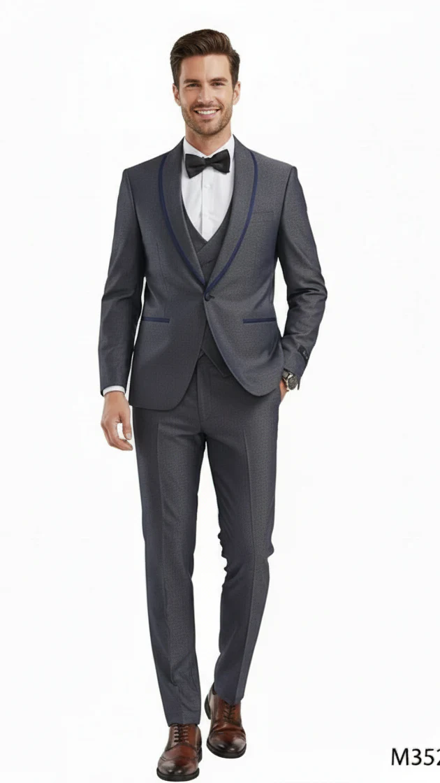 Men’s Charcoal Gray with blue Trim Slim Fit 3-Piece Suit – Modern Wedding and Business Formal Tuxedo Set - Image 6