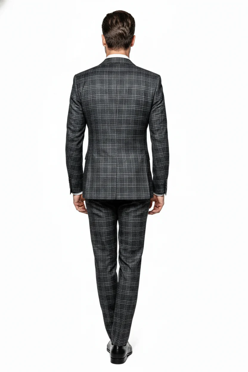 Men’s Charcoal Plaid Double-Breasted Suit –  Tailored Pants Windowpane Pattern By Rossiman - Image 6