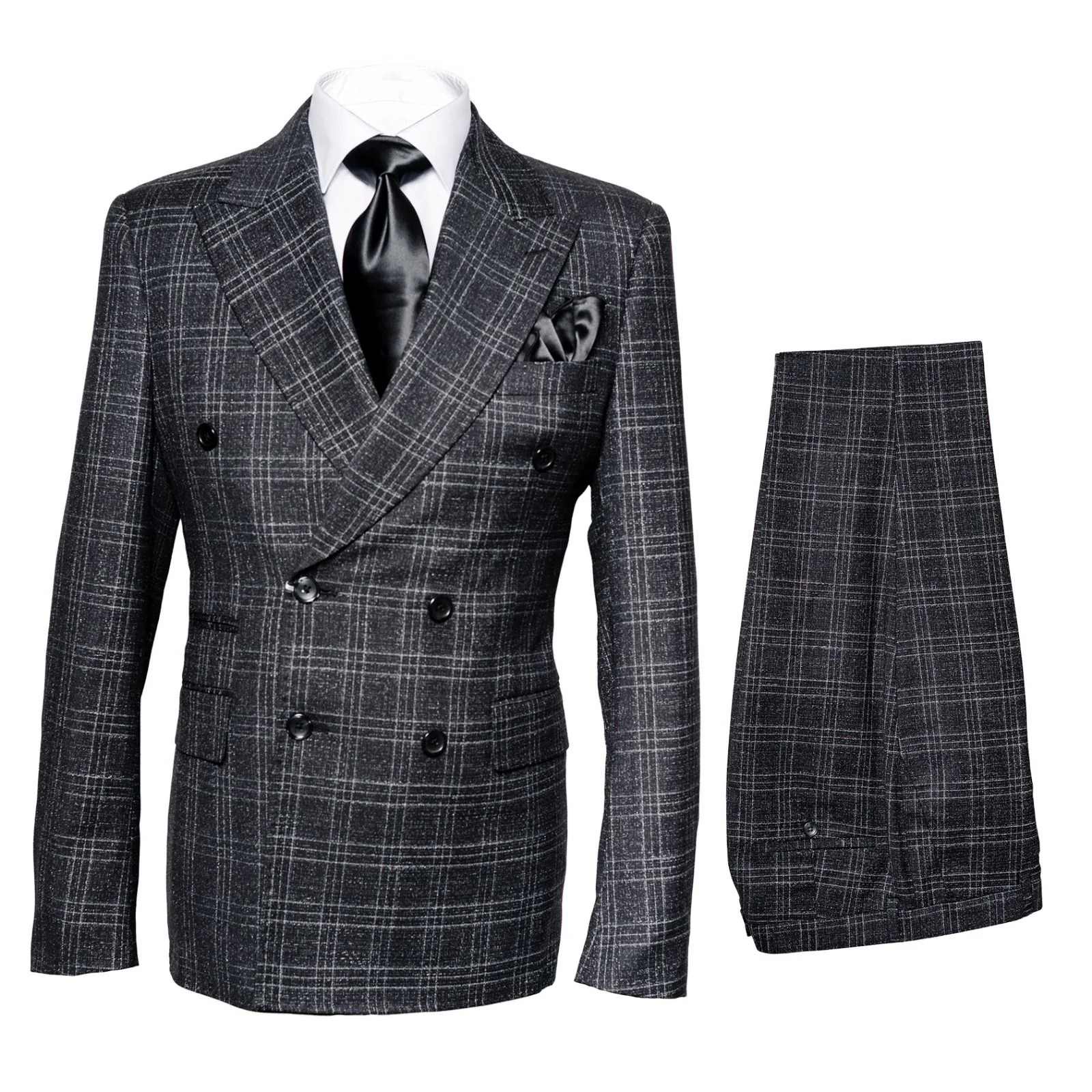Men’s Charcoal Plaid Double-Breasted Suit –  Tailored Pants Windowpane Pattern By Rossiman - Image 7